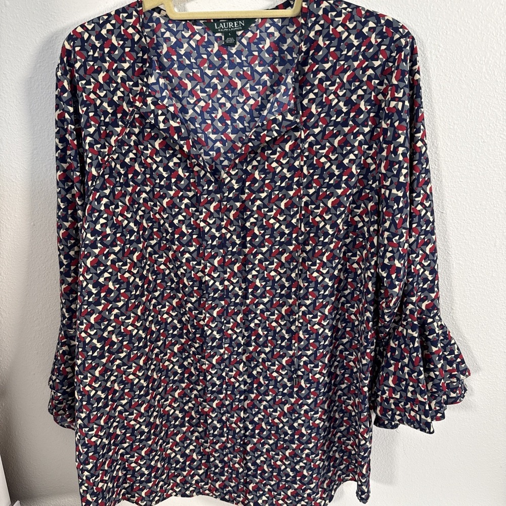 Lauren Ralph Lauren Pullover Button 3/4 Ruffle 3/4 Sleeve Geo Large C1‎